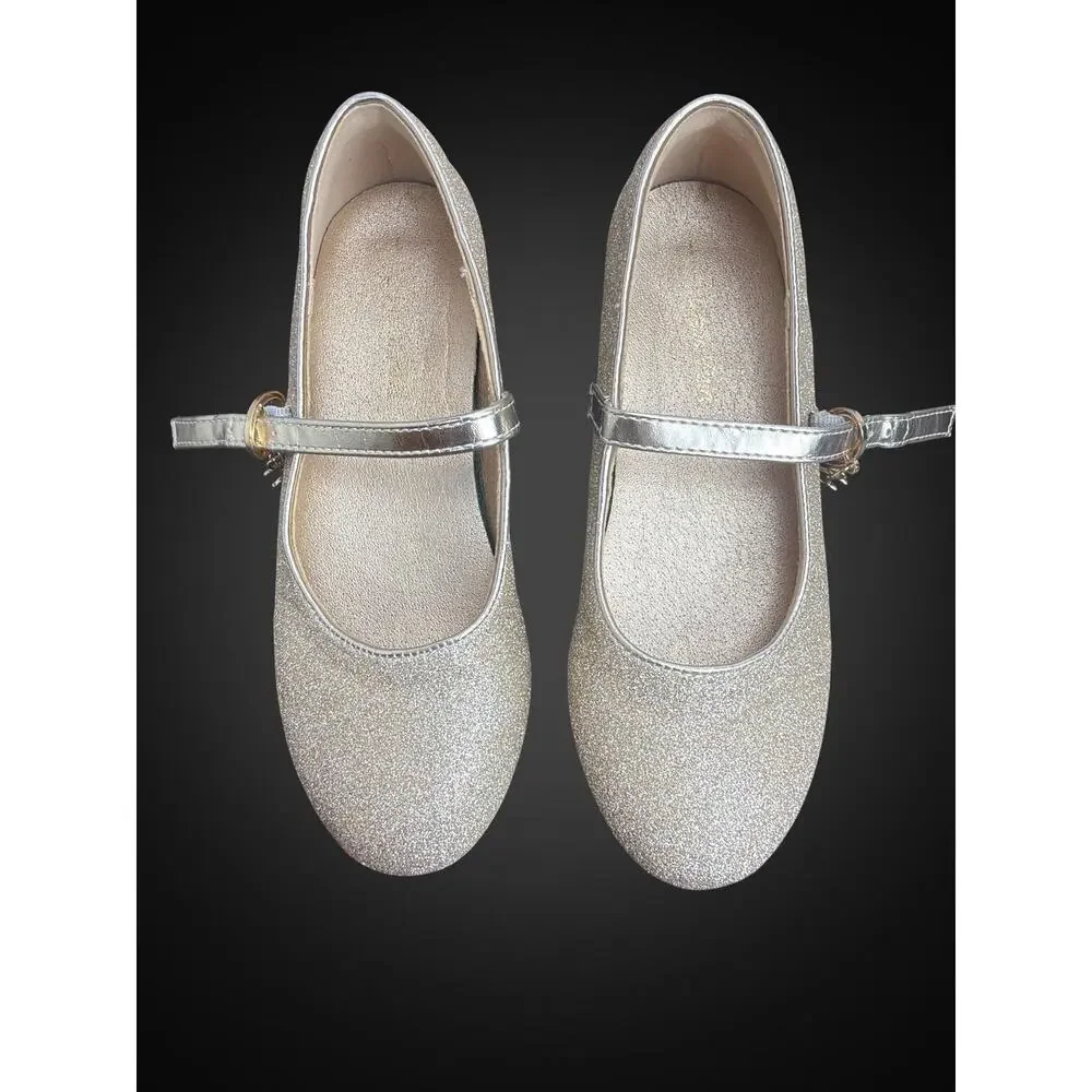 Girls Gold Glitter Mary Jane Flats Buckle Strap Round Toe Low Block Heel US 1